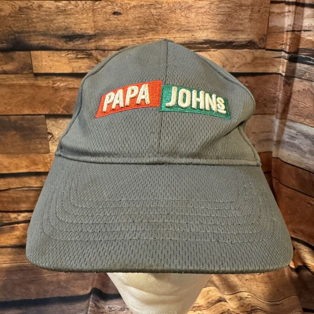 Papa Johns Pizza Gray Adjustable Employee Uniform Strapback Hat Cap Stained
